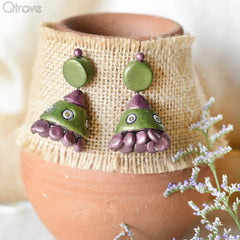 Contemporary Handmade Terracotta Olive Green Jhumka at Qtrove