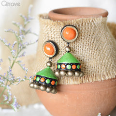 Contemporary Handmade Green And Orange Jhumka at Qtrove