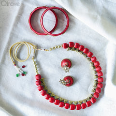 Handmade Rosey Red Silk Thread Chocker Set at Qtrove