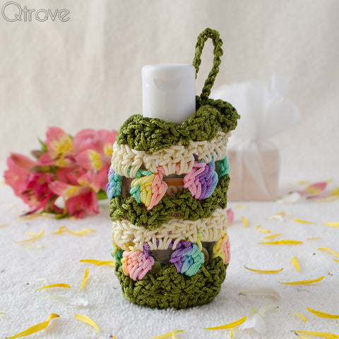 Crocheted Hand Sanitizer Cover In Green And Cream Colour Combo