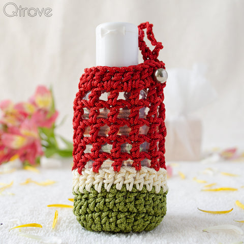 Crocheted Hand Sanitizer Cover In Red White And Green Colour Combo