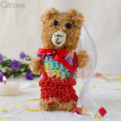 Furry Crochet Teddy Bear in Red Pants at Qtrove
