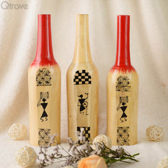 Handcrafted Wooden Pine Wood Bottles (Set of 3) at Qtrove