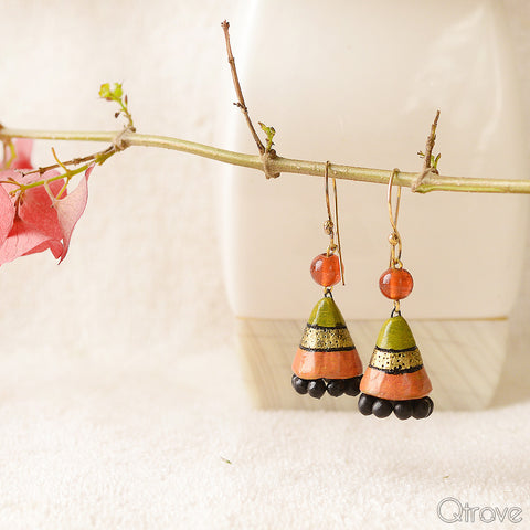 Eco-Friendly Green And Orange Terracotta Jhumka