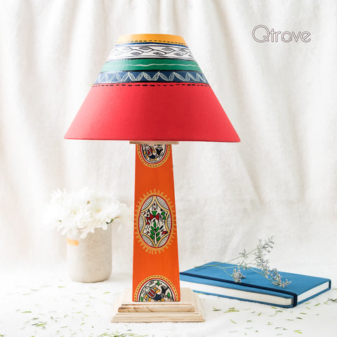 Handmade Warli Wooden Lamp - Orange