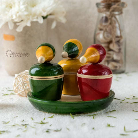 Handcrafted Wooden Kum Kum Container with Plate - Bird (Set of 3)
