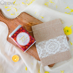 Kashmiri Kahwa Tea Tin with Lace Jute Bag at Qtrove