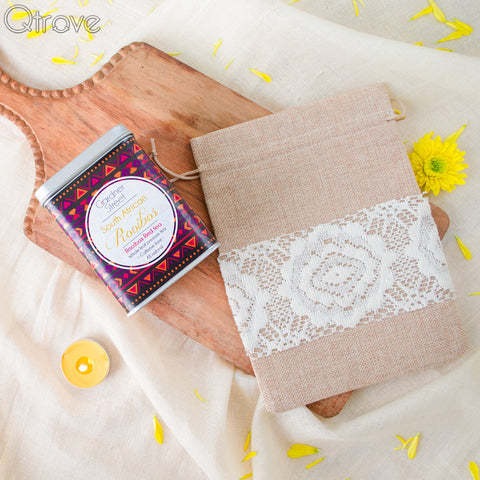 South African Rooibos Tea Tin with Lace Jute Bag