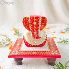 Handmade Marble Chowki Ganesha (Red) at Qtrove