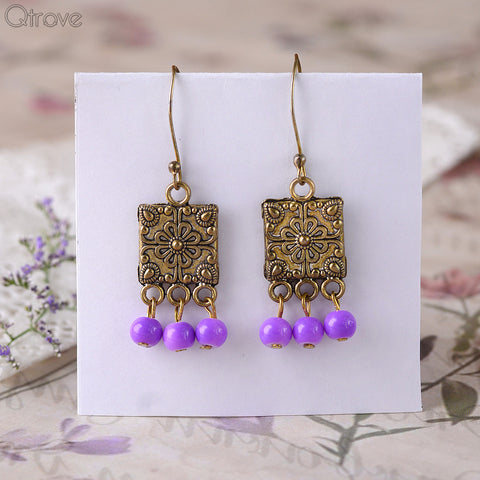 Antique Handcrafted Gold Plate Earring With Purple Drops