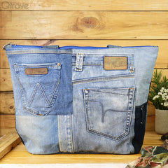 Denim Patchwork Tote Bag With A Touch of Black at Qtrove