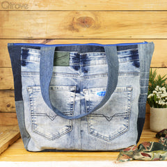 Denim Patchwork Tote Bag With A Touch of Black at Qtrove