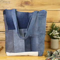 Denim Patchwork Tote Bag With A Touch of White at Qtrove
