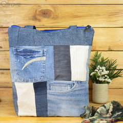 Denim Patchwork Tote Bag With A Touch of White at Qtrove