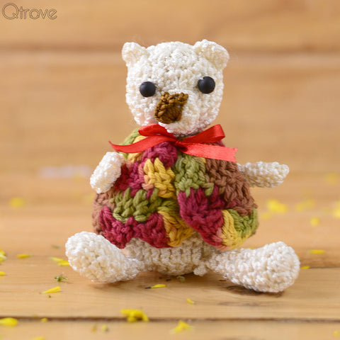 Furry White Crochet Teddy Bear in Red Bow