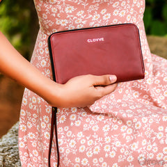 Monochrome Leather Cherry Wristlet at Qtrove