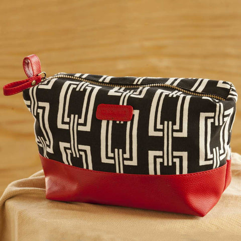 Red Wool Felt & Faux Leather Travel / Cosmetic Pouch