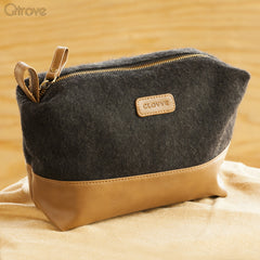 Handcrafted Black Wool Felt Faux Leather Travel Pouch at Qtrove