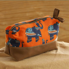 Elephant Print With Tan Faux Leather Travel / Cosmetic Pouch at Qtrove
