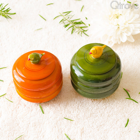 Handcrafted Wooden Bird Top Container (Set of 2)