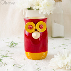 Handcrafted Wooden Owl Pen Stand (Maroon & Yellow) at Qtrove