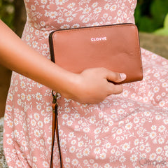 Monochrome Leather Tan Wristlet at Qtrove
